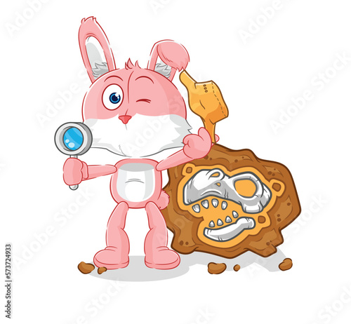 pink bunny archaeologists with fossils mascot. cartoon vector
