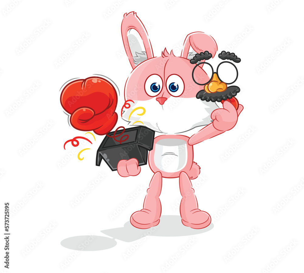 pink bunny prank glove in the box. cartoon mascot