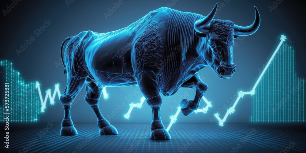 Bull and stock market graph in blue, digital technology and futuristic ...