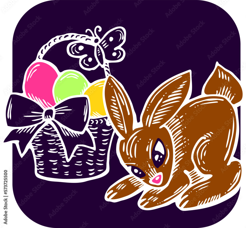 Easter bunny with basket, eggs, flowers, butterfly. Decorative vector design composition for poster print, greeting card, kids party invitation. Hand drawn illustration. Vintage cartoon style drawing. Easter bunny with basket, eggs, flowers, butterfly. Decorative vector design composition for poster print, greeting card, kids party invitation. Hand drawn illustration. Vintage cartoon style drawing.