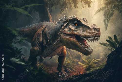 In the Jurassic jungle  a Tyrannosaurus stalks its prey. Dinosaur Period. A hunting T rex. Generative AI