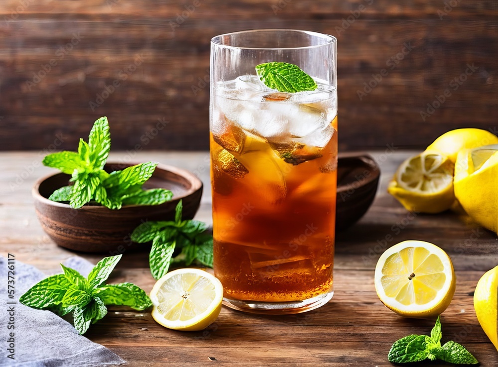 fresh lemonade with lemon and mint on wooden background