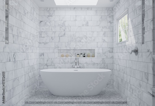 Modern bathroom interior with bathtub. 3D illustration and rendering.