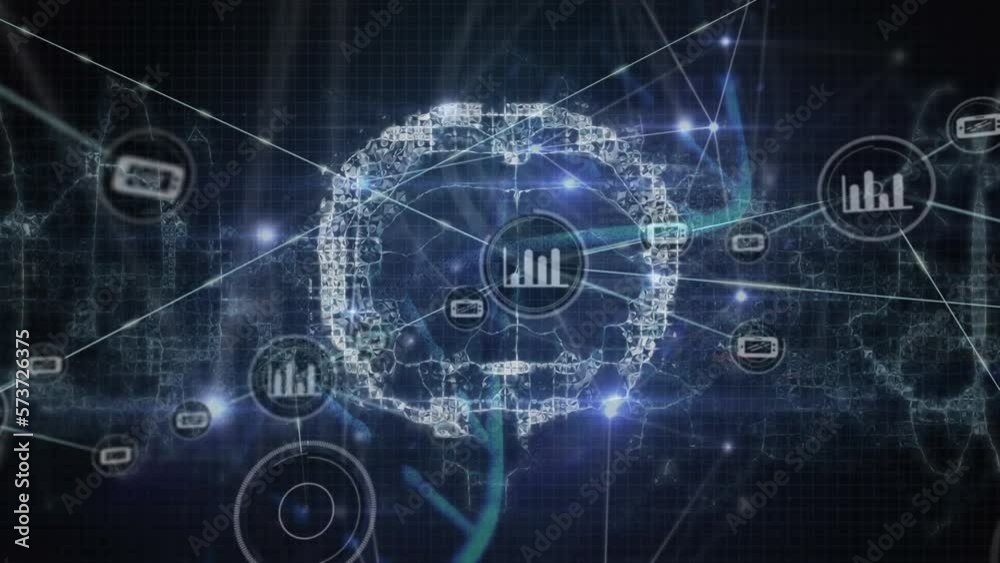 Animation of glowing network of connections over light spot and spinning human brain icon Animation of glowing network of connections over light spot and spinning human brain icon