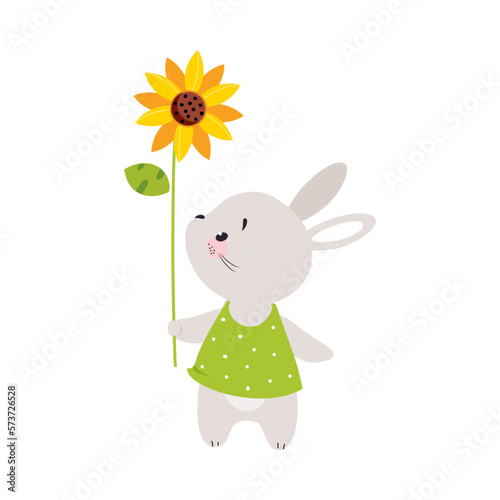Cute Bunny Character Holding Sunflower on Stalk Vector Illustration