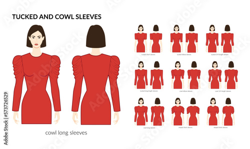 Set of Tucked and Cowl sleeves clothes - long, short, 3-4, elbow length, draped technical fashion illustration with fitted body. Flat apparel template front, back sides. Women, men unisex CAD mockup