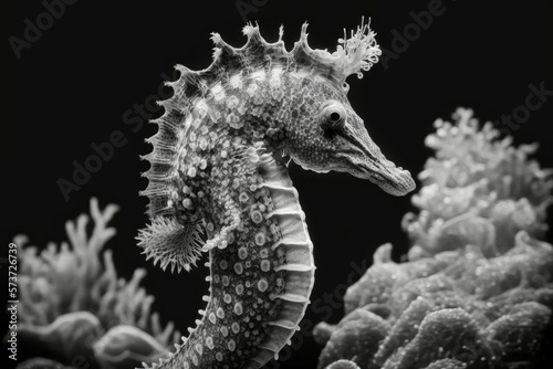 Underwater photograph of a thorny seahorse taken at Ambon, Maluku, Indonesia. The thorny seahorse Hippocampus hystrix is perched on the coral. Generative AI © 2rogan