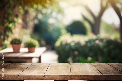 Empty Patio Table Backdrop with Blurred Outside Garden (Created with Generative AI)