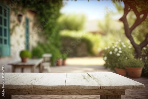 Empty Patio Table Backdrop with Blurred Outside Garden (Created with Generative AI)