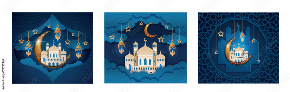 Eid Mubarak set. Collection of elements for invitation postcard. Religion, culture and traditions. Crescent with oriental buildings. Realistic vector illustrations isolated on white background