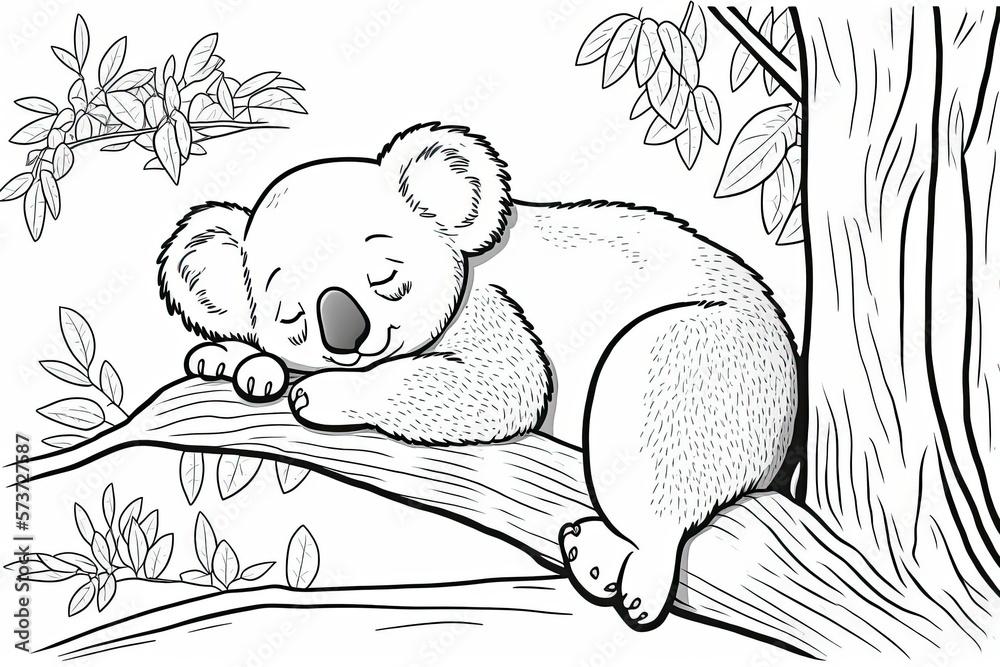 Kid friendly coloring page from an actual book. Koala bear dozing ...