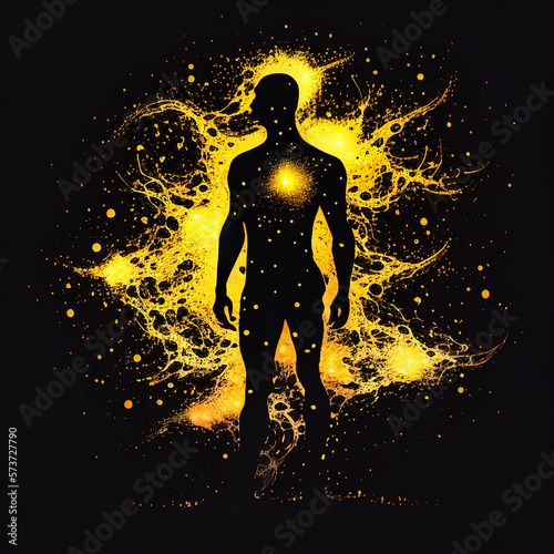 Astral body silhouette with abstract space background. yellow and black colors 