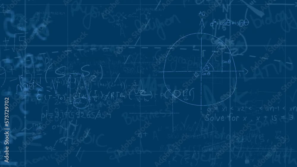 Animation of mathematical equations and diagrams floating over grid network against blue background Animation of mathematical equations and diagrams floating over grid network against blue background