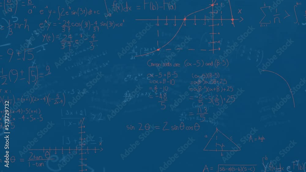 Animation of mathematical equations and diagrams floating against blue background Animation of mathematical equations and diagrams floating against blue background