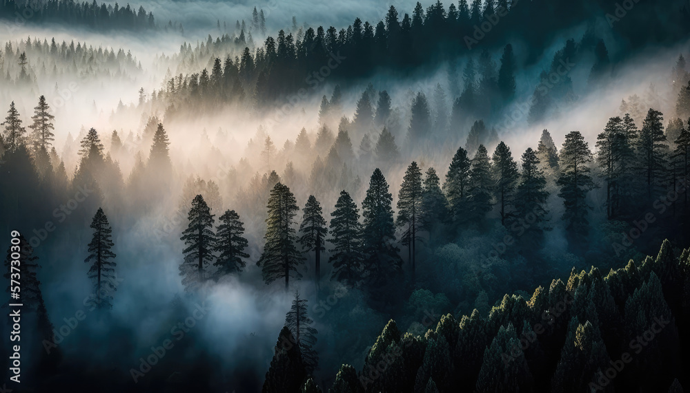 Fototapeta premium An awe-inspiring aerial view of a Redwood forest in the early morning, shrouded in fog - a stunning wallpaper background