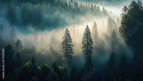 Obraz na plátně An awe-inspiring aerial view of a Redwood forest in the early morning, shrouded