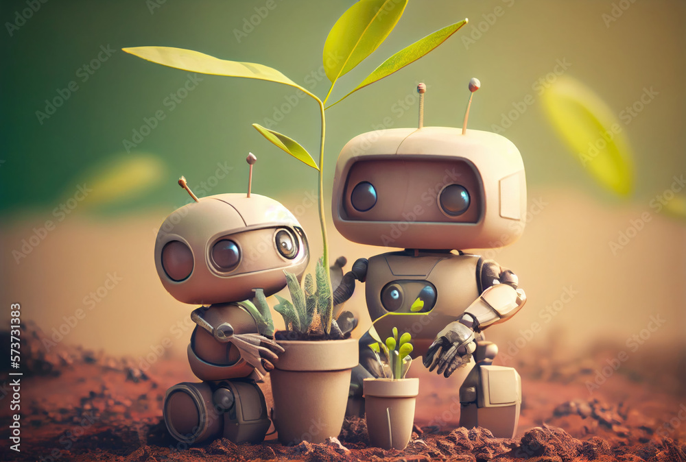 Eco friendly robot family on the ground. Technology and Environment  conservation concept. Generative AI Stock Illustration | Adobe Stock