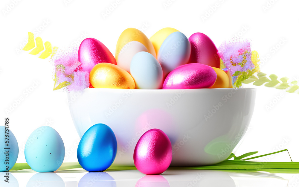 Eggs on white background. Painted Decorative Easter Eggs for Easter day celebration. Holiday Banner for Easter egg hunt. Generative AI Eggs on white background. Painted Decorative Easter Eggs for Easter day celebration. Holiday Banner for Easter egg hunt. Generative AI