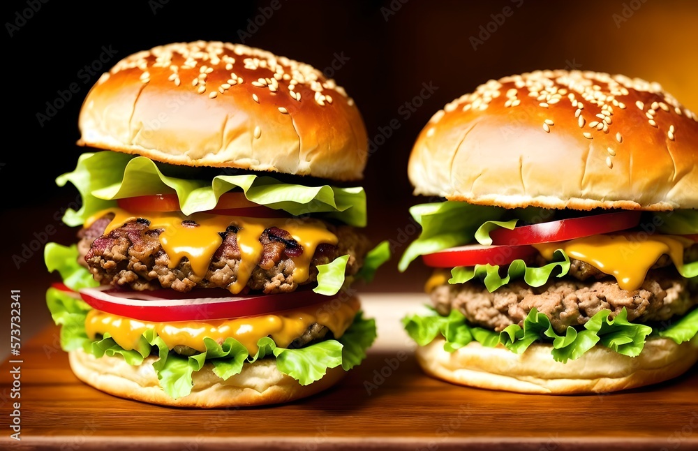 Delicious cheeseburgers sitting on counter with bokeh, ai generated yumminess Delicious cheeseburgers sitting on counter with bokeh, ai generated yumminess