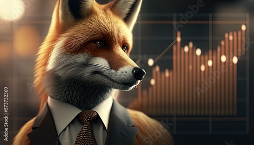 Fox trader portrays a cunning and shrewd figure making strategic moves in the financial market, representing intelligence and resourcefulness