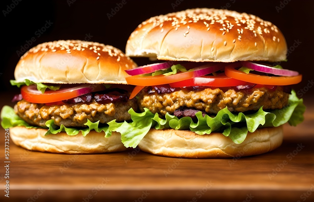 Delicious cheeseburgers sitting on counter with bokeh, ai generated yumminess Delicious cheeseburgers sitting on counter with bokeh, ai generated yumminess