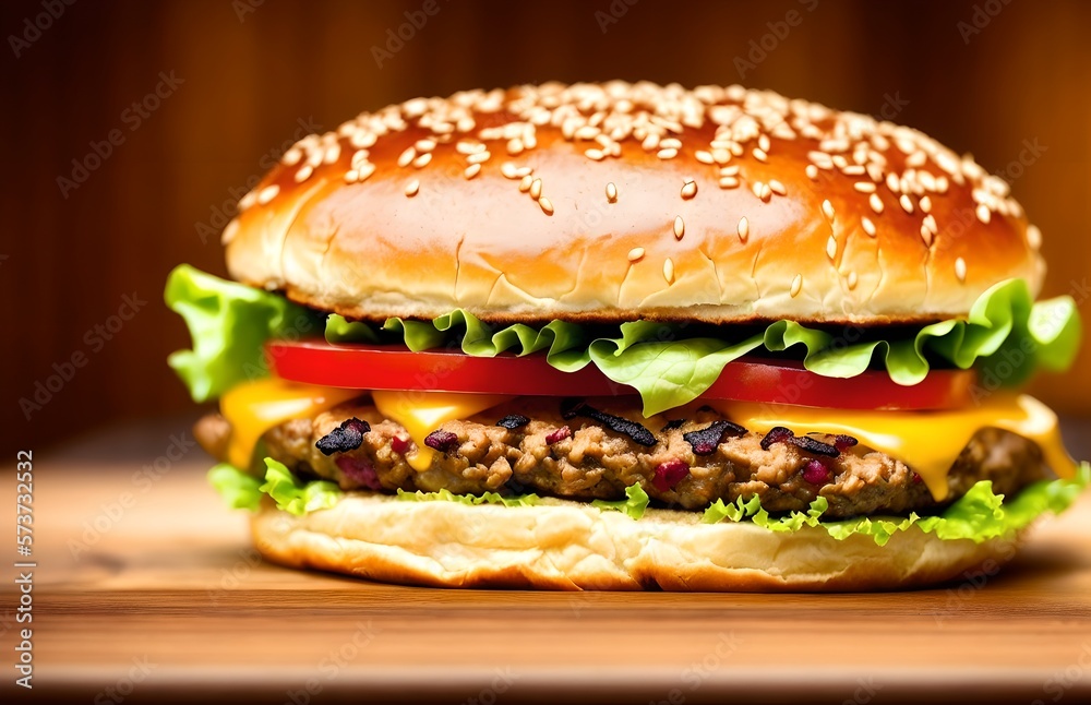 Delicious cheeseburgers sitting on counter with bokeh, ai generated yumminess Delicious cheeseburgers sitting on counter with bokeh, ai generated yumminess