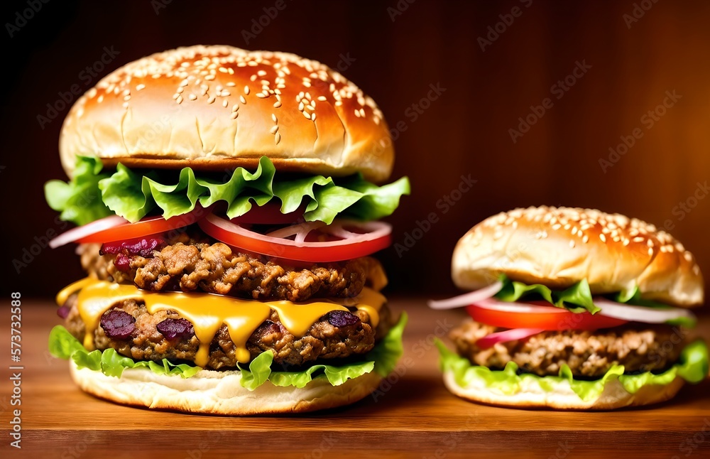 Delicious cheeseburgers sitting on counter with bokeh, ai generated yumminess Delicious cheeseburgers sitting on counter with bokeh, ai generated yumminess