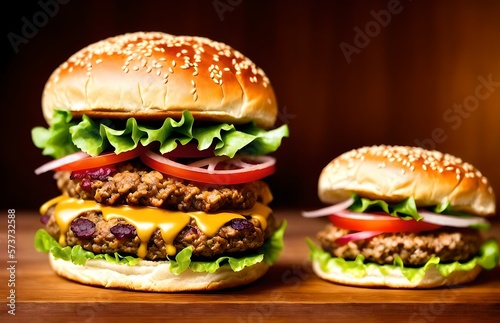 Delicious cheeseburgers sitting on counter with bokeh, ai generated yumminess