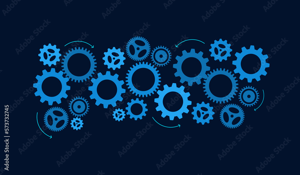 Group of Gears Connected in Dark background. Cog Wheel  working together. Technological Mechanism and and Digital System Management Concept