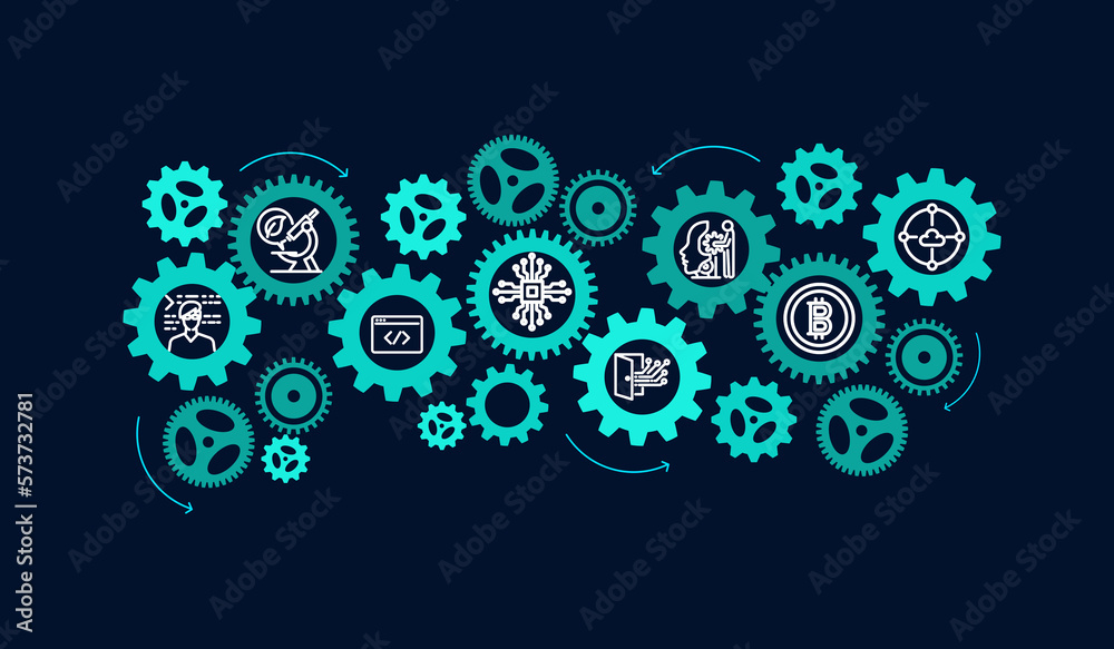 Technology System management and  Working AI Process concept on dark Blue background. Group of Gears with Technological Icons Connected. Illustration Generative By AI