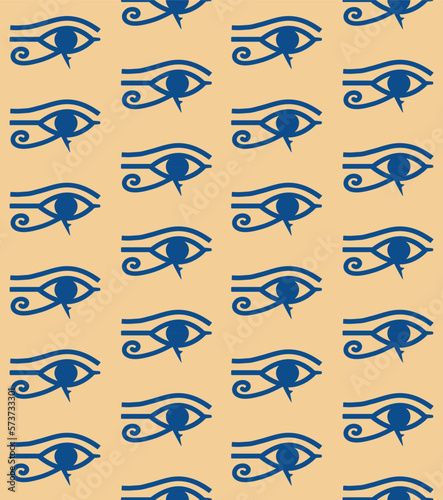 Vector seamless pattern of blue flat Egypt ancient Horus pharaoh eye isolated on beige background