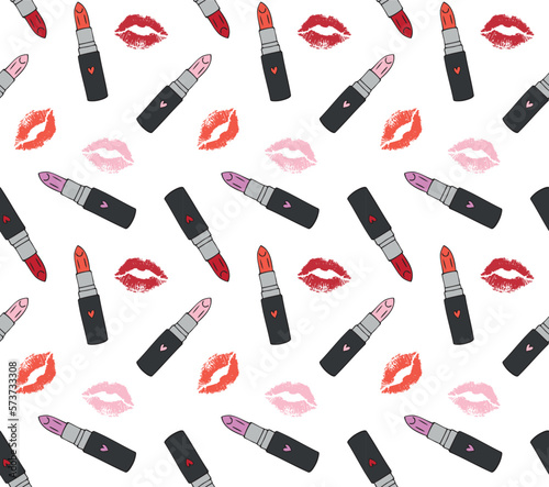 Vector seamless pattern of hand drawn doodle sketch lipstick and lip kiss imprint isolated on white background