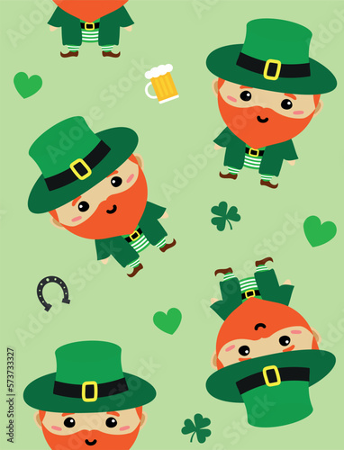 Vector seamless pattern of flat hand drawn leprechaun isolated on green background
