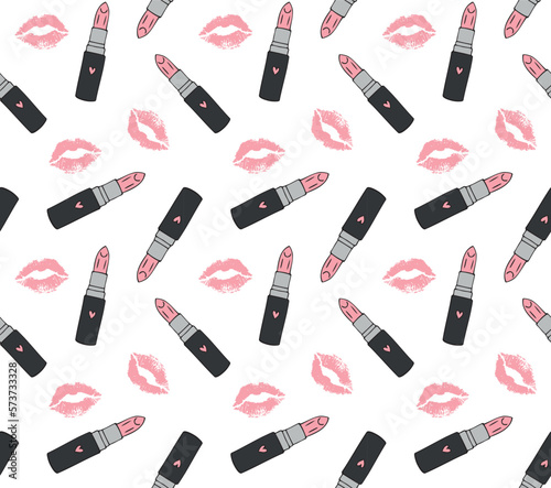 Vector seamless pattern of pink hand drawn doodle sketch lipstick and lip kiss imprint isolated on white background