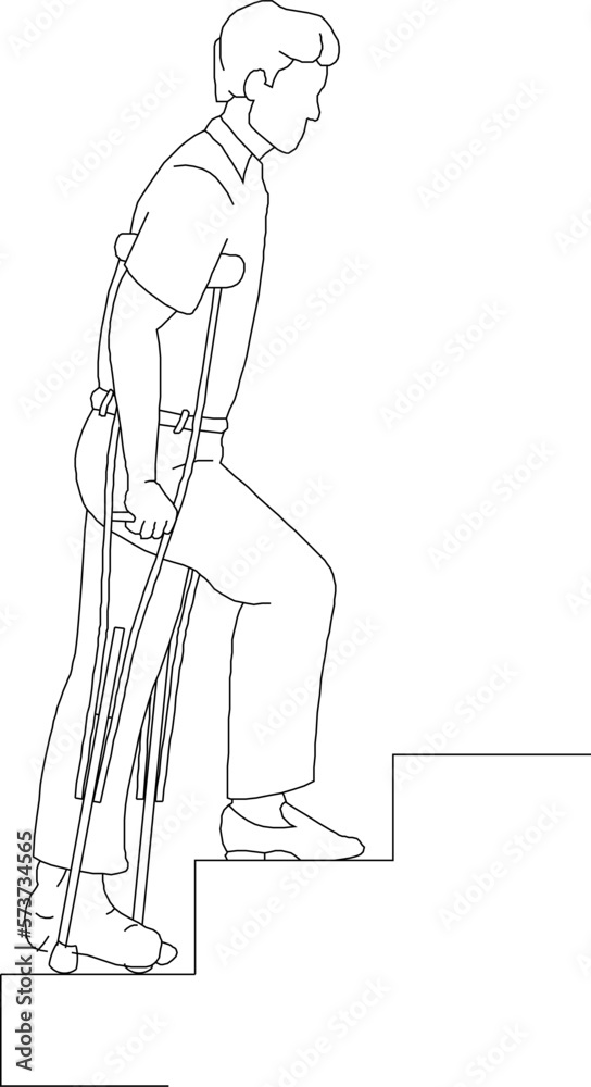 Vector sketch of a hospital patient silhouette illustration using crutches and cane