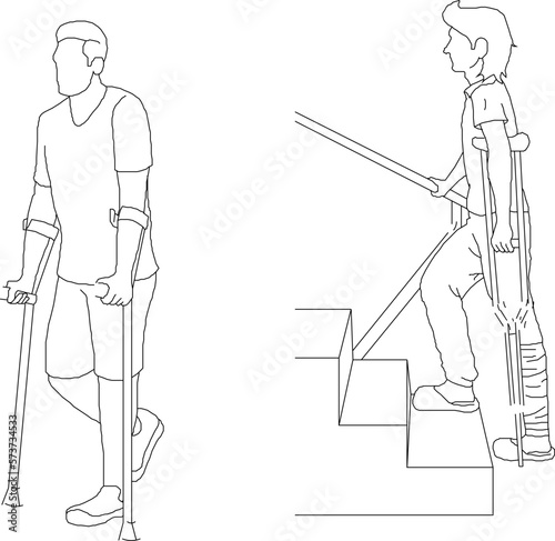 Vector sketch of a hospital patient silhouette illustration using crutches and cane