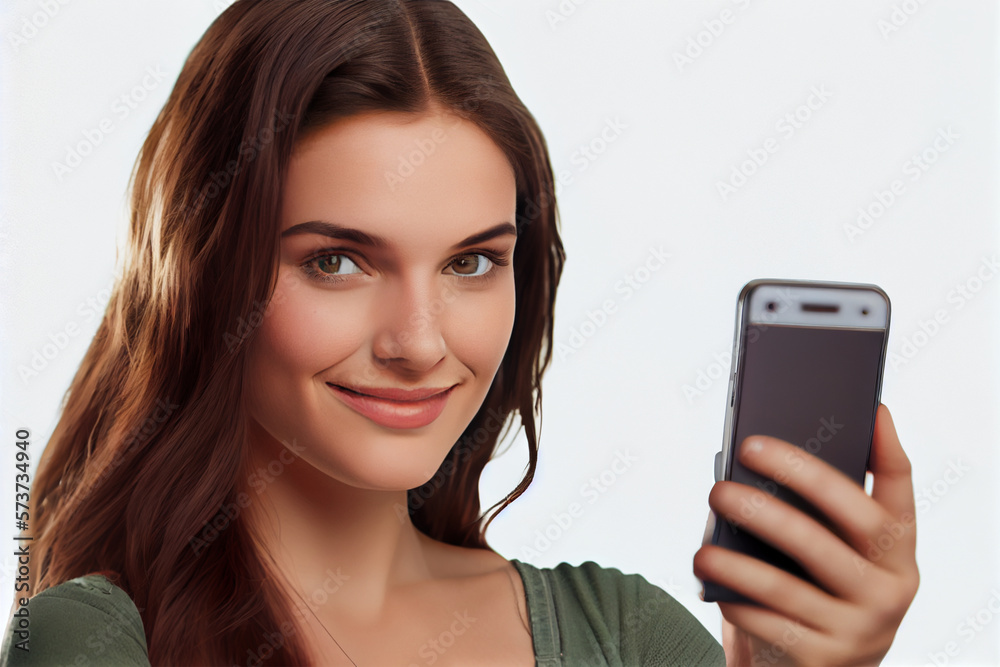 Φωτογραφία Illustration of dark hair woman with phone - fictional person created with gener