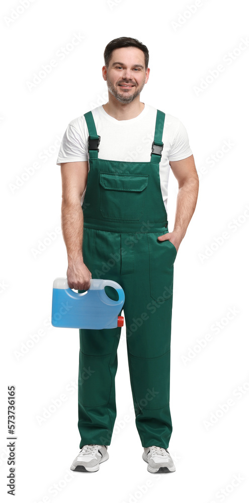 Man holding canister with blue liquid on white background