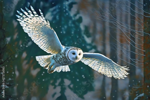 Canada's rare white owl, the Nyctea scandiaca, in mid flight through the snowy forest. Natural setting with wildlife. Generative AI photo