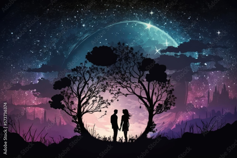 Silhouette of a loving couple against a cosmic sunset, moon, and starry sky; a dreamy night under an infinite sky; a mysterious landscape with shadowy grass and trees. Generative AI
