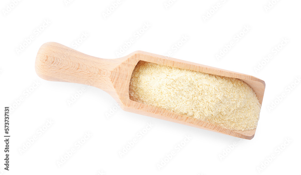 Wooden scoop with fresh quinoa flour on white background, top view