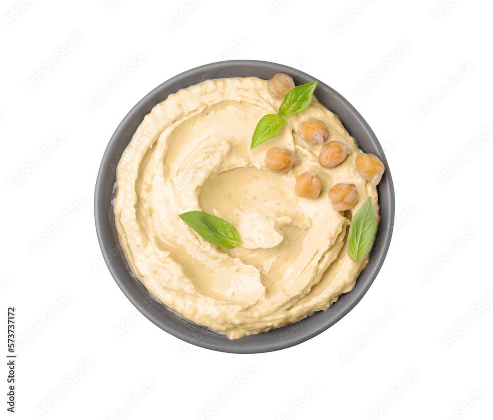 Bowl of delicious hummus with chickpeas isolated on white, top view Bowl of delicious hummus with chickpeas isolated on white, top view