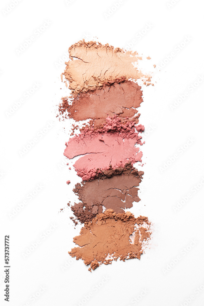 Crushed eye shadows on white background, top view. Professional makeup product Crushed eye shadows on white background, top view. Professional makeup product