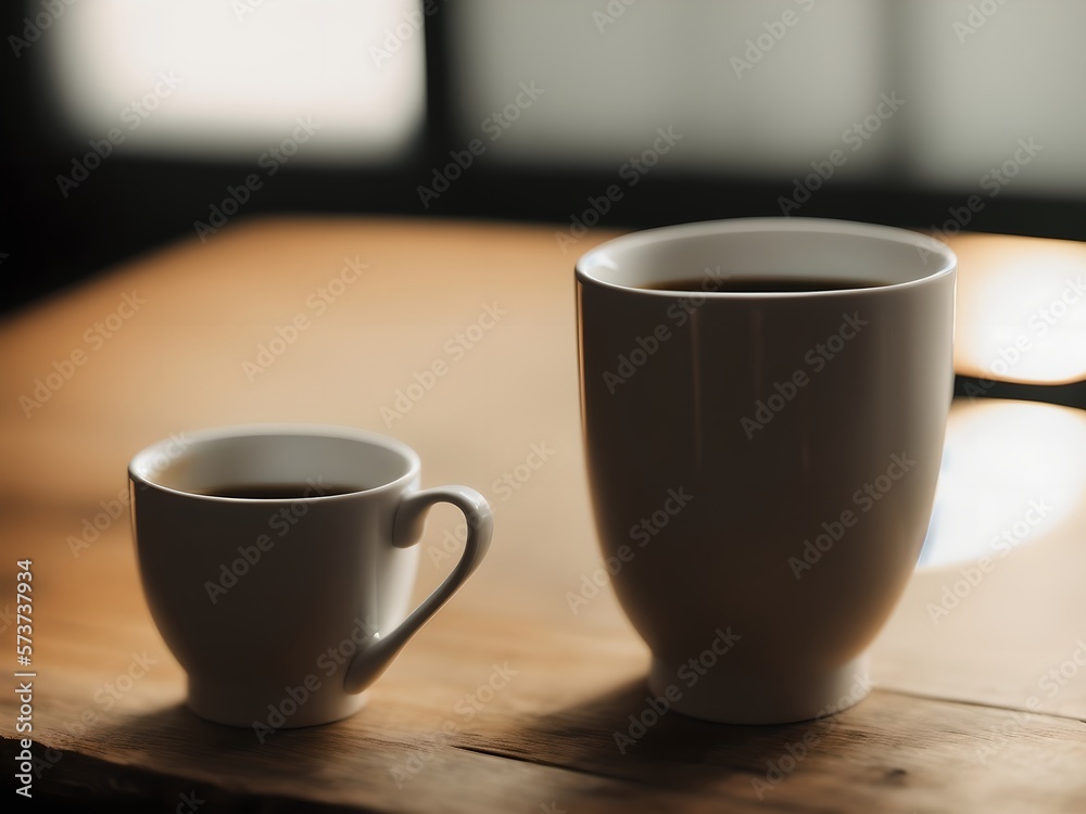 Coffee cups sitting on a wood table with lights and bokeh Coffee cups sitting on a wood table with lights and bokeh