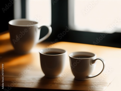Coffee cups sitting on a wood table with lights and bokeh © G-IMAGES