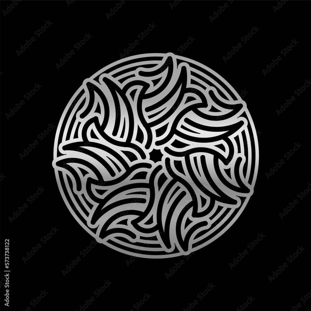 Abstract Circular Geometric Symbol Design with Modern Style and Shinny Silver Color. Isolated on Black Background.