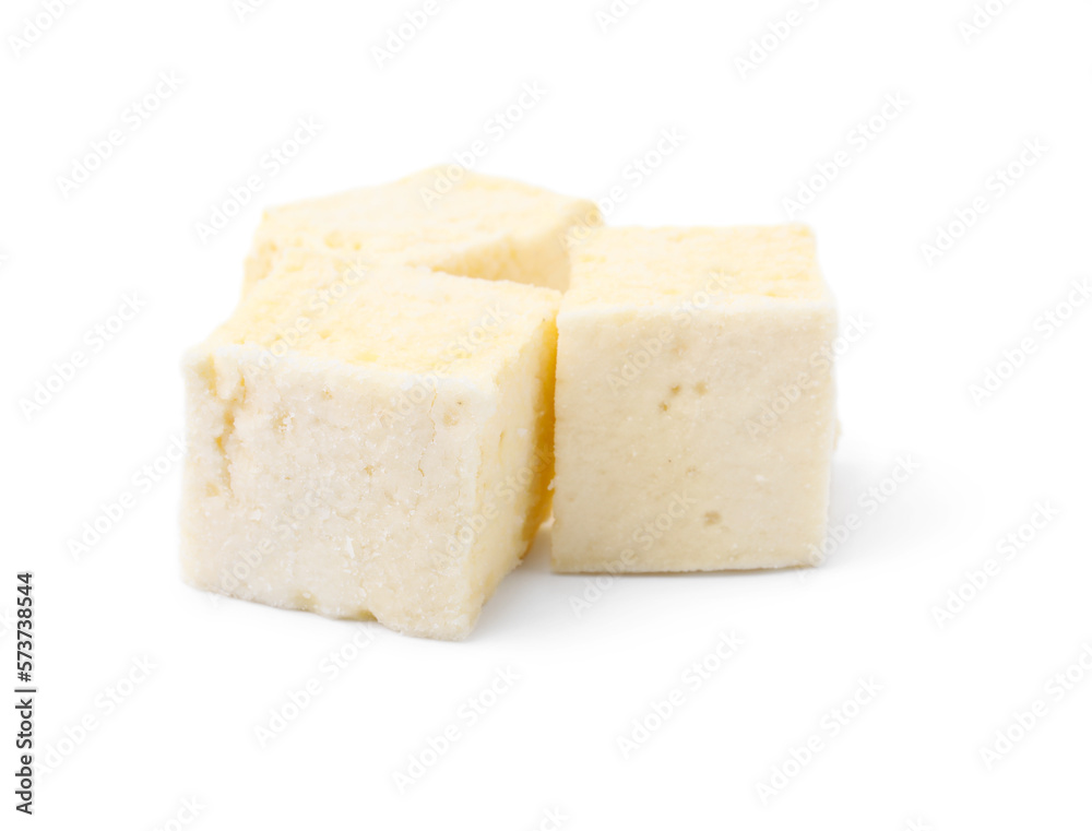 Delicious sweet puffy marshmallows on white background
