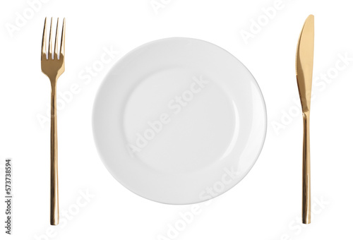 Empty plate with golden fork and knife on white background, top view