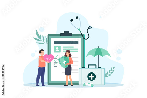 Health care and life insurance concept. Doctor and family people medical exam with big clipboard document. Vector illustration