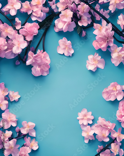 Leaves and cherry blossom on pastel blue background created with Generative AI Technology